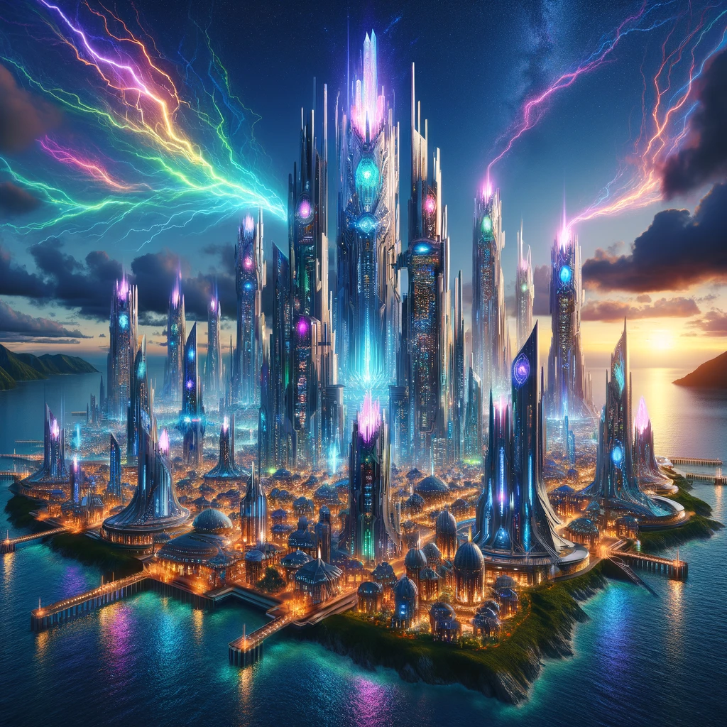 A large fantastical metropolis filled with tall steel and glass spires and arcing multicolored lightning